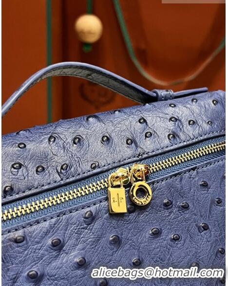 Top Quality Loro Piana Extra Pocket L19 Pouch in Ostrich Pattern Calfskin LP5435 Blue/Gold 2023