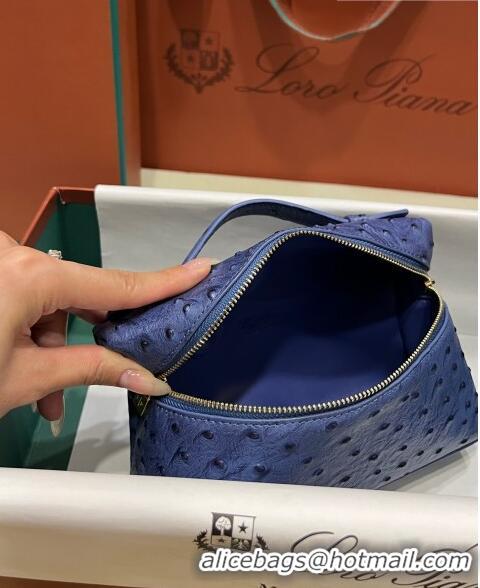 Top Quality Loro Piana Extra Pocket L19 Pouch in Ostrich Pattern Calfskin LP5435 Blue/Gold 2023