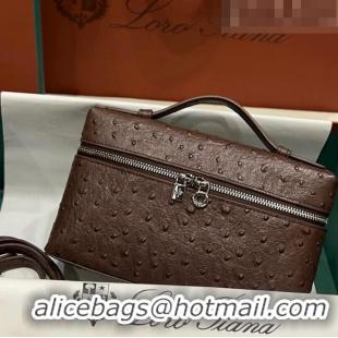 Discount Loro Piana Extra Pocket L19 Pouch in Ostrich Pattern Calfskin LP5435 Chocolate/Silver 2023