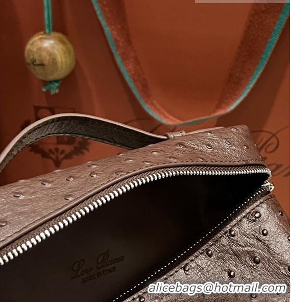 Discount Loro Piana Extra Pocket L19 Pouch in Ostrich Pattern Calfskin LP5435 Chocolate/Silver 2023