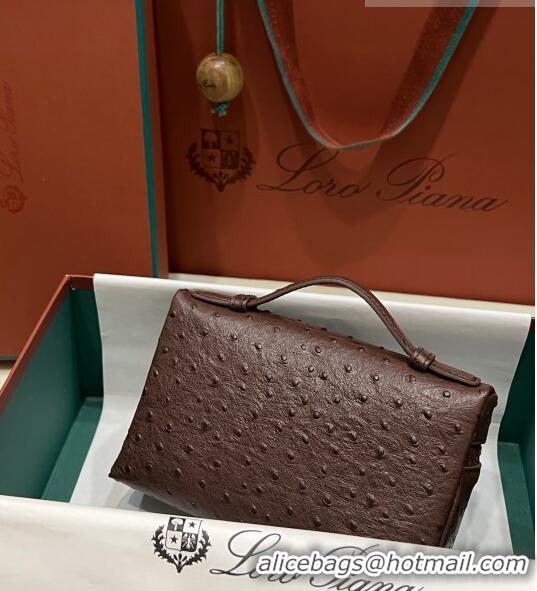 Discount Loro Piana Extra Pocket L19 Pouch in Ostrich Pattern Calfskin LP5435 Chocolate/Silver 2023