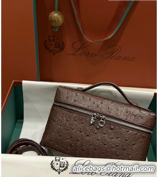 Discount Loro Piana Extra Pocket L19 Pouch in Ostrich Pattern Calfskin LP5435 Chocolate/Silver 2023