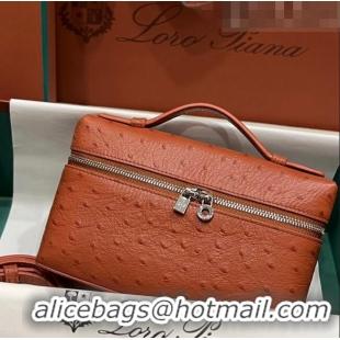 Top Quality Loro Piana Extra Pocket L19 Pouch in Ostrich Pattern Calfskin LP5435 Brown/Silver 2023