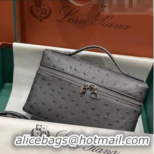 New Cheap Loro Piana LP Extra Pocket L19 Pouch in Ostrich Pattern Calfskin LP5435 Grey/Silver 2023