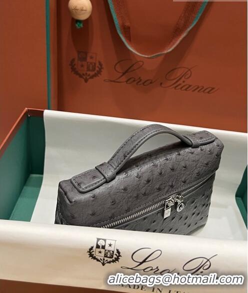 New Cheap Loro Piana LP Extra Pocket L19 Pouch in Ostrich Pattern Calfskin LP5435 Grey/Silver 2023