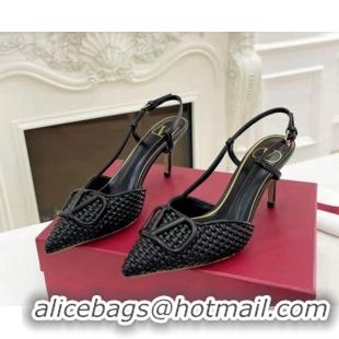 Hot Sell Valentino VLogo Signature Slingback Pumps 7.5cm in Woven Nappa Leather All Black 626028