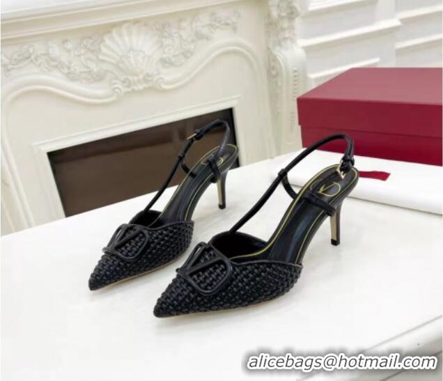 Hot Sell Valentino VLogo Signature Slingback Pumps 7.5cm in Woven Nappa Leather All Black 626028