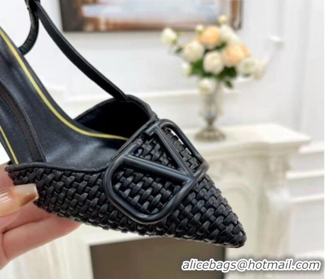 Hot Sell Valentino VLogo Signature Slingback Pumps 7.5cm in Woven Nappa Leather All Black 626028