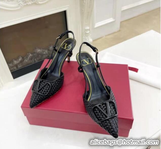 Hot Sell Valentino VLogo Signature Slingback Pumps 7.5cm in Woven Nappa Leather All Black 626028