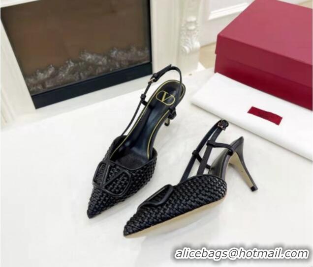 Hot Sell Valentino VLogo Signature Slingback Pumps 7.5cm in Woven Nappa Leather All Black 626028