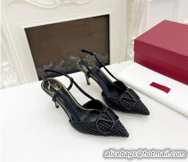 Hot Sell Valentino VLogo Signature Slingback Pumps 7.5cm in Woven Nappa Leather All Black 626028