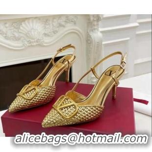 Lower Price Valentino VLogo Signature Slingback Pumps 7.5cm in Woven Metallic Leather Gold 626029