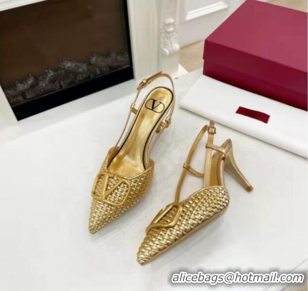 Lower Price Valentino VLogo Signature Slingback Pumps 7.5cm in Woven Metallic Leather Gold 626029