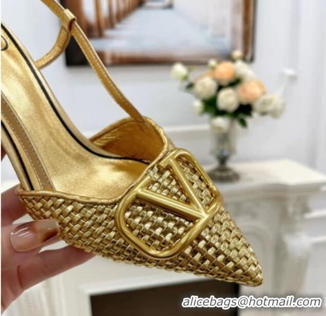 Lower Price Valentino VLogo Signature Slingback Pumps 7.5cm in Woven Metallic Leather Gold 626029