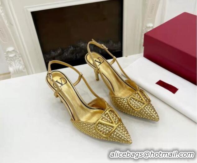 Lower Price Valentino VLogo Signature Slingback Pumps 7.5cm in Woven Metallic Leather Gold 626029