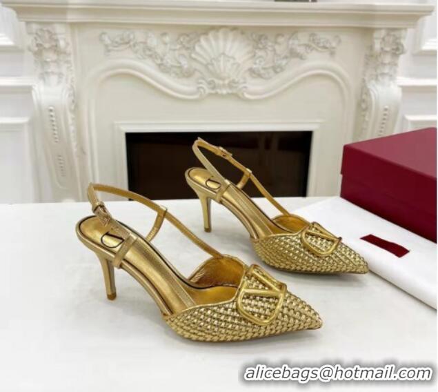 Lower Price Valentino VLogo Signature Slingback Pumps 7.5cm in Woven Metallic Leather Gold 626029