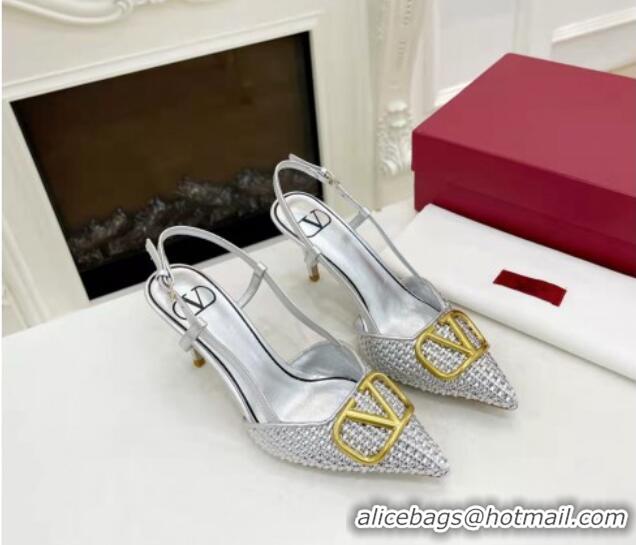 Top Design Valentino VLogo Signature Slingback Pumps 7.5cm in Woven Metallic Leather Silver 626030