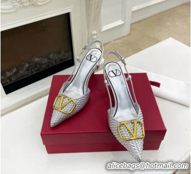 Top Design Valentino VLogo Signature Slingback Pumps 7.5cm in Woven Metallic Leather Silver 626030