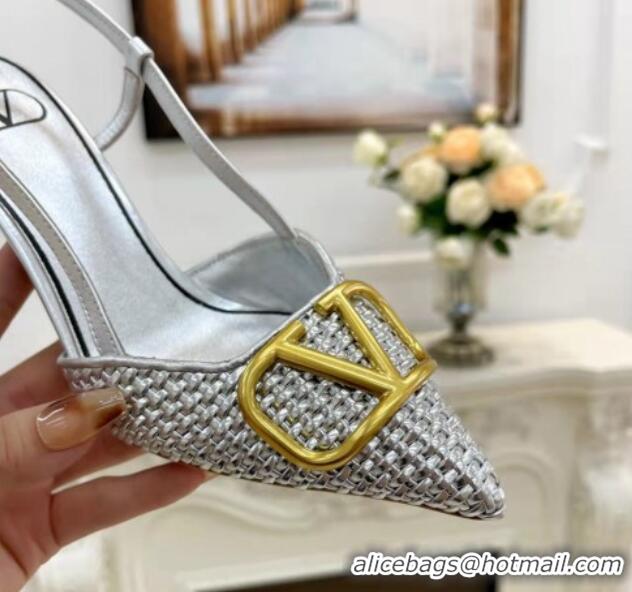 Top Design Valentino VLogo Signature Slingback Pumps 7.5cm in Woven Metallic Leather Silver 626030