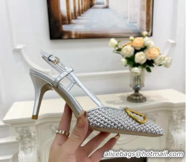 Top Design Valentino VLogo Signature Slingback Pumps 7.5cm in Woven Metallic Leather Silver 626030