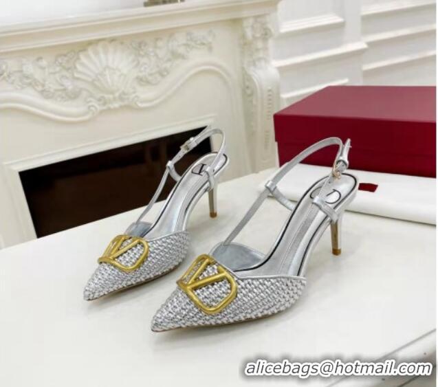 Top Design Valentino VLogo Signature Slingback Pumps 7.5cm in Woven Metallic Leather Silver 626030