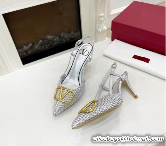 Top Design Valentino VLogo Signature Slingback Pumps 7.5cm in Woven Metallic Leather Silver 626030