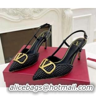 Good Product Valentino VLogo Signature Slingback Pumps 7.5cm in Woven Nappa Leather Black/Gold 626032