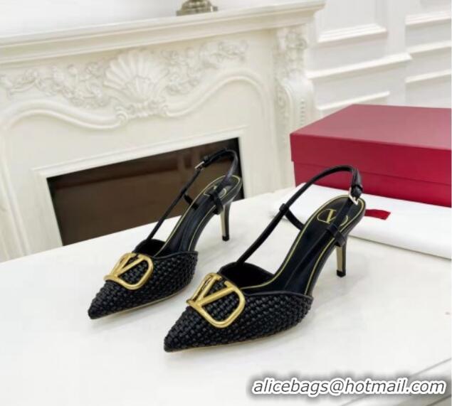 Good Product Valentino VLogo Signature Slingback Pumps 7.5cm in Woven Nappa Leather Black/Gold 626032