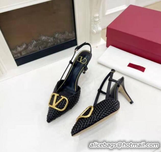 Good Product Valentino VLogo Signature Slingback Pumps 7.5cm in Woven Nappa Leather Black/Gold 626032