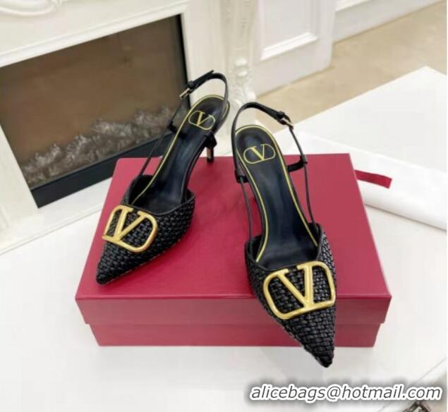 Good Product Valentino VLogo Signature Slingback Pumps 7.5cm in Woven Nappa Leather Black/Gold 626032