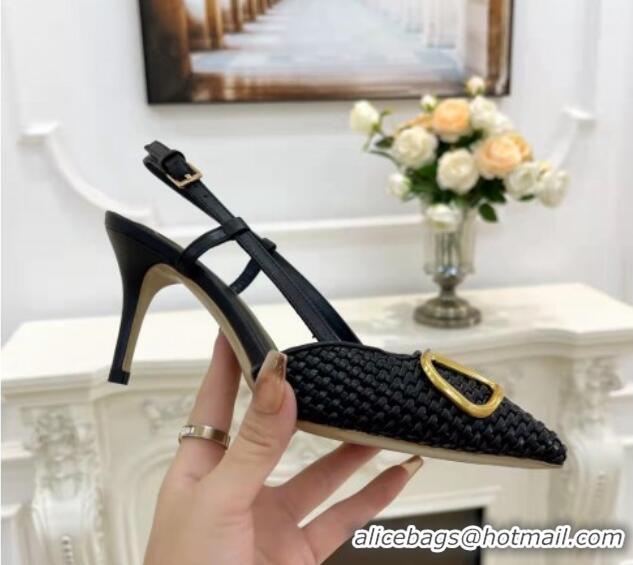 Good Product Valentino VLogo Signature Slingback Pumps 7.5cm in Woven Nappa Leather Black/Gold 626032