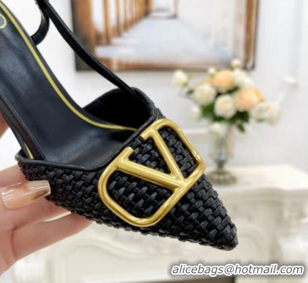 Good Product Valentino VLogo Signature Slingback Pumps 7.5cm in Woven Nappa Leather Black/Gold 626032