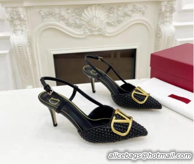 Good Product Valentino VLogo Signature Slingback Pumps 7.5cm in Woven Nappa Leather Black/Gold 626032