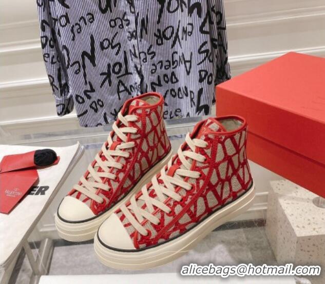 Good Looking Valentino Toile Iconographe Fabric High-top Sneakers Red/Beige 626033