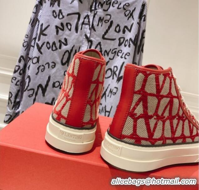 Good Looking Valentino Toile Iconographe Fabric High-top Sneakers Red/Beige 626033