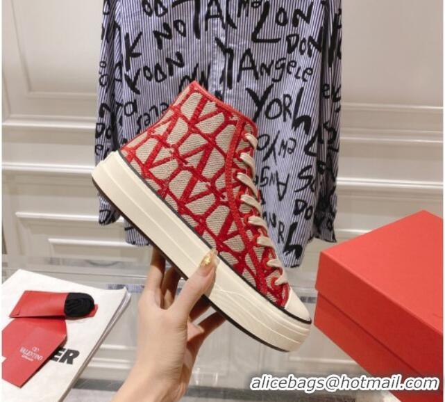 Good Looking Valentino Toile Iconographe Fabric High-top Sneakers Red/Beige 626033