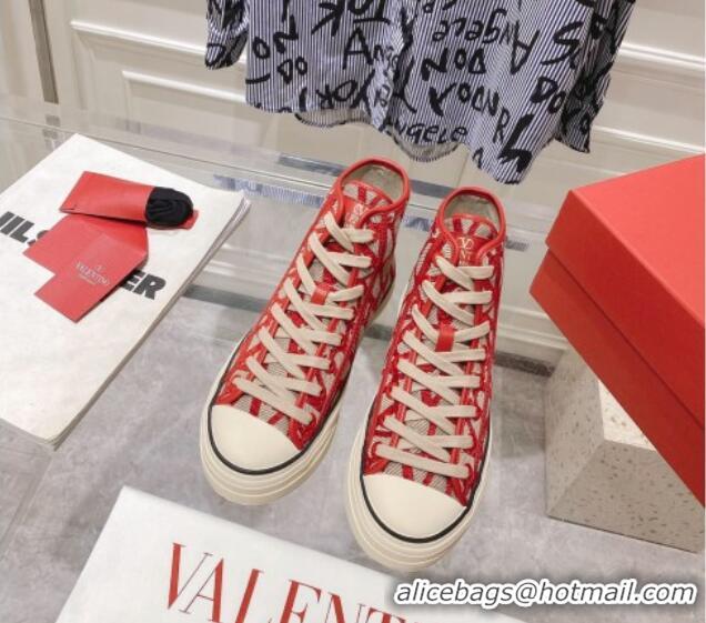 Good Looking Valentino Toile Iconographe Fabric High-top Sneakers Red/Beige 626033