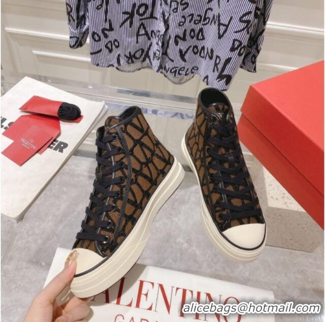 Unique Style Valentino Toile Iconographe Fabric High-top Sneakers Brown/Black 626034