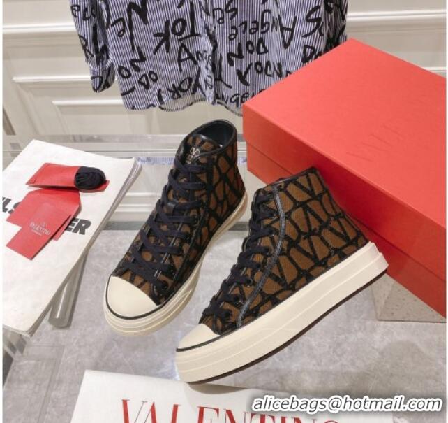 Unique Style Valentino Toile Iconographe Fabric High-top Sneakers Brown/Black 626034