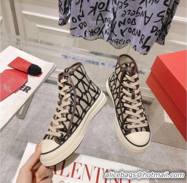 Luxury Discount Valentino Toile Iconographe Fabric High-top Sneakers Beige/Black 626035