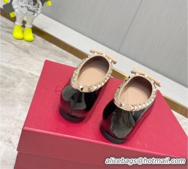 Sumptuous Valentino Rockstud Patent Leather Ballerinas with Bow Black 626041