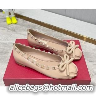 Charming Valentino Rockstud Patent Leather Ballerinas with Bow Rose Beige 626042 