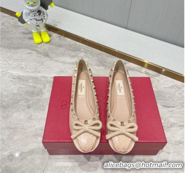 Charming Valentino Rockstud Patent Leather Ballerinas with Bow Rose Beige 626042 