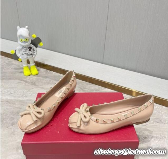 Charming Valentino Rockstud Patent Leather Ballerinas with Bow Rose Beige 626042 