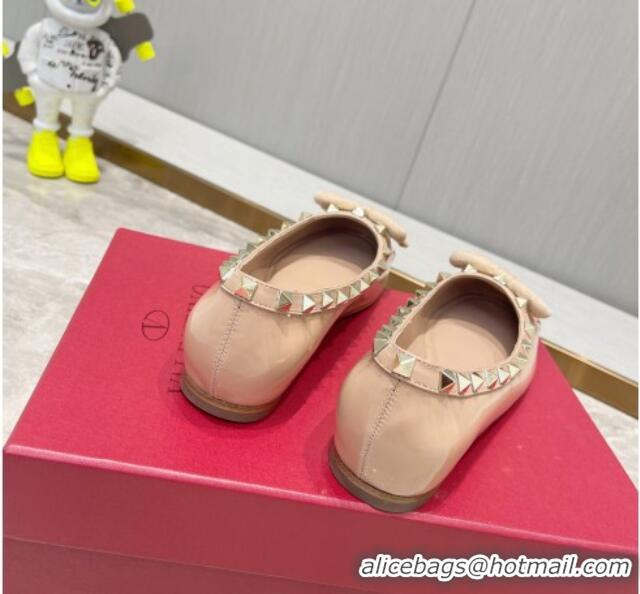 Charming Valentino Rockstud Patent Leather Ballerinas with Bow Rose Beige 626042 