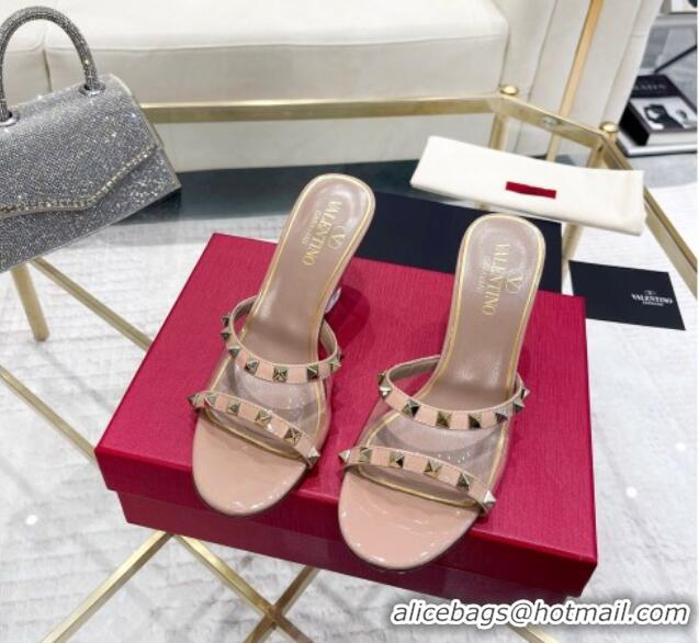 Popular Style Valentino Rockstud Wedge Slide Sandals 8cm in Patent Leather and PVC with Clear Heel Nude 712035