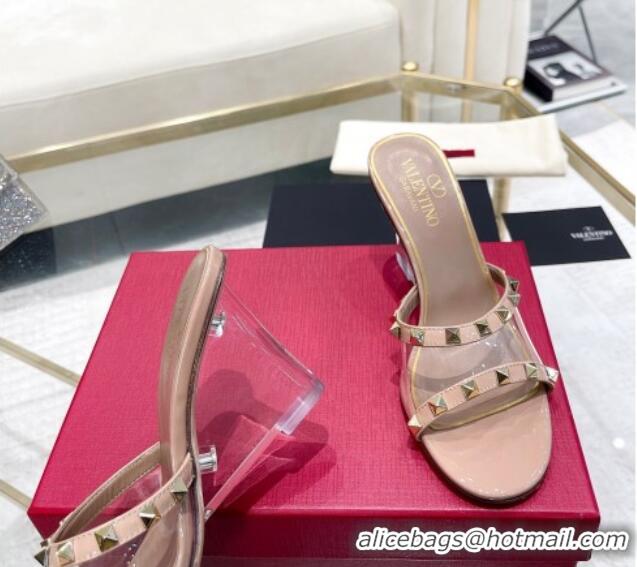 Popular Style Valentino Rockstud Wedge Slide Sandals 8cm in Patent Leather and PVC with Clear Heel Nude 712035