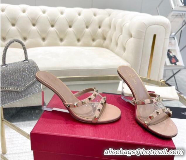 Popular Style Valentino Rockstud Wedge Slide Sandals 8cm in Patent Leather and PVC with Clear Heel Nude 712035