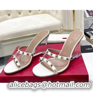 Good Quality Valentino Rockstud Wedge Slide Sandals 8cm in Patent Leather and PVC with Clear Heel White 712036