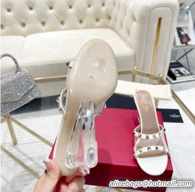 Good Quality Valentino Rockstud Wedge Slide Sandals 8cm in Patent Leather and PVC with Clear Heel White 712036